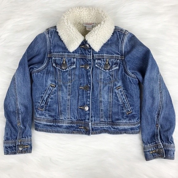 Cat & Jack Other - Cat & Jack Sherpa Lined Denim Jacket Blue Jean Coat Medium Wash Pockets Heavy XS